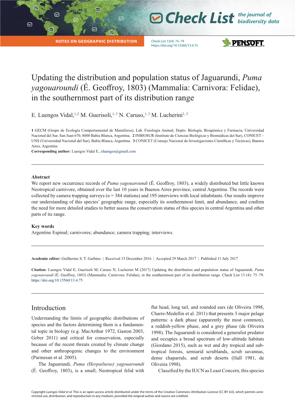 Updating the Distribution and Population Status of Jaguarundi, Puma Yagouaroundi (É