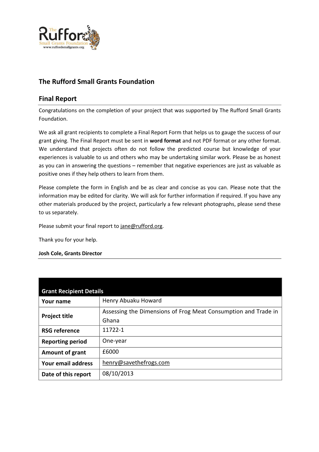 The Rufford Small Grants Foundation Final Report