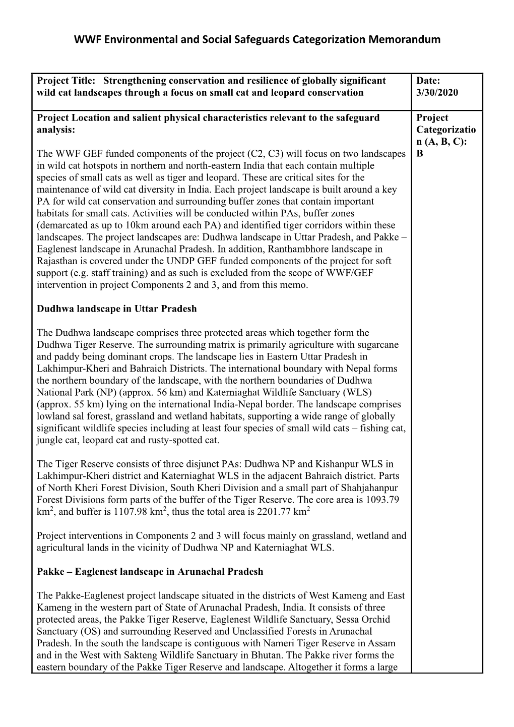 WWF Environmental and Social Safeguards Categorization Memorandum