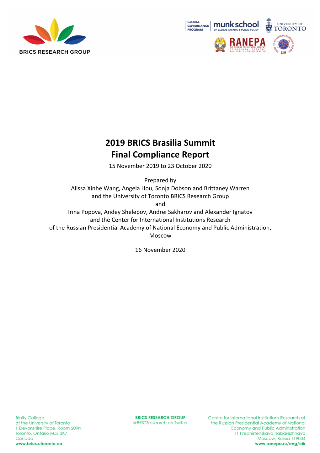 2019 BRICS Brasilia Summit Final Compliance Report 15 November 2019 to 23 October 2020