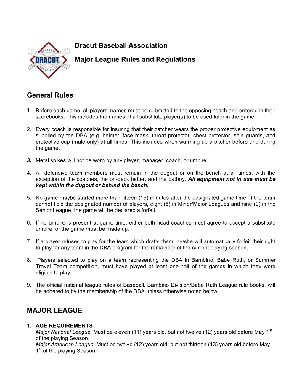 Dracut Baseball Association Major League Rules and Regulations