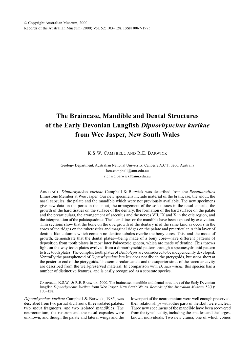 The Braincase, Mandible and Dental Structures of the Early Devonian Lungfish Dipnorhynchus Kurikae from Wee Jasper, New South Wales