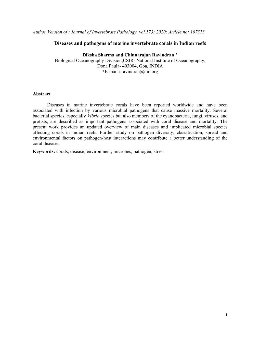 Diseases and Pathogens of Marine Invertebrate Corals in Indian Reefs