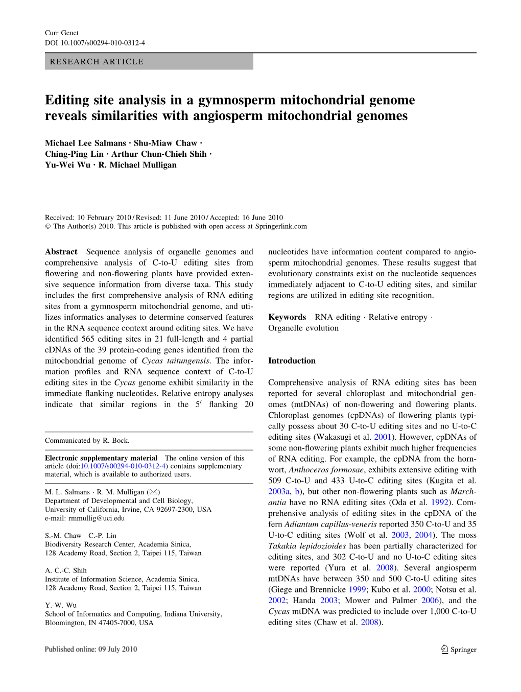 Editing Site Analysis in a Gymnosperm Mitochondrial Genome Reveals Similarities with Angiosperm Mitochondrial Genomes