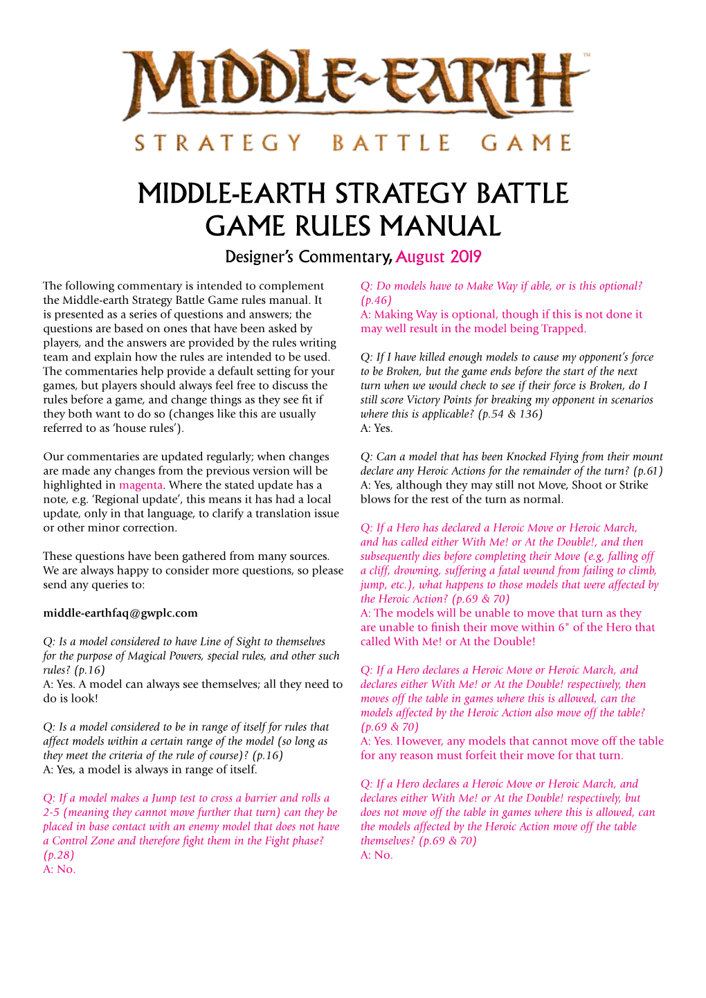 MIDDLE-EARTH STRATEGY BATTLE GAME RULES MANUAL Designer’S Commentary, August 2019