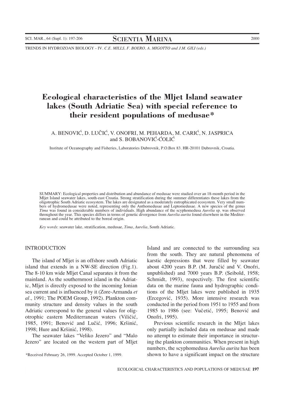 Ecological Characteristics of the Mljet Island Seawater Lakes (South Adriatic Sea) with Special Reference to Their Resident Populations of Medusae*