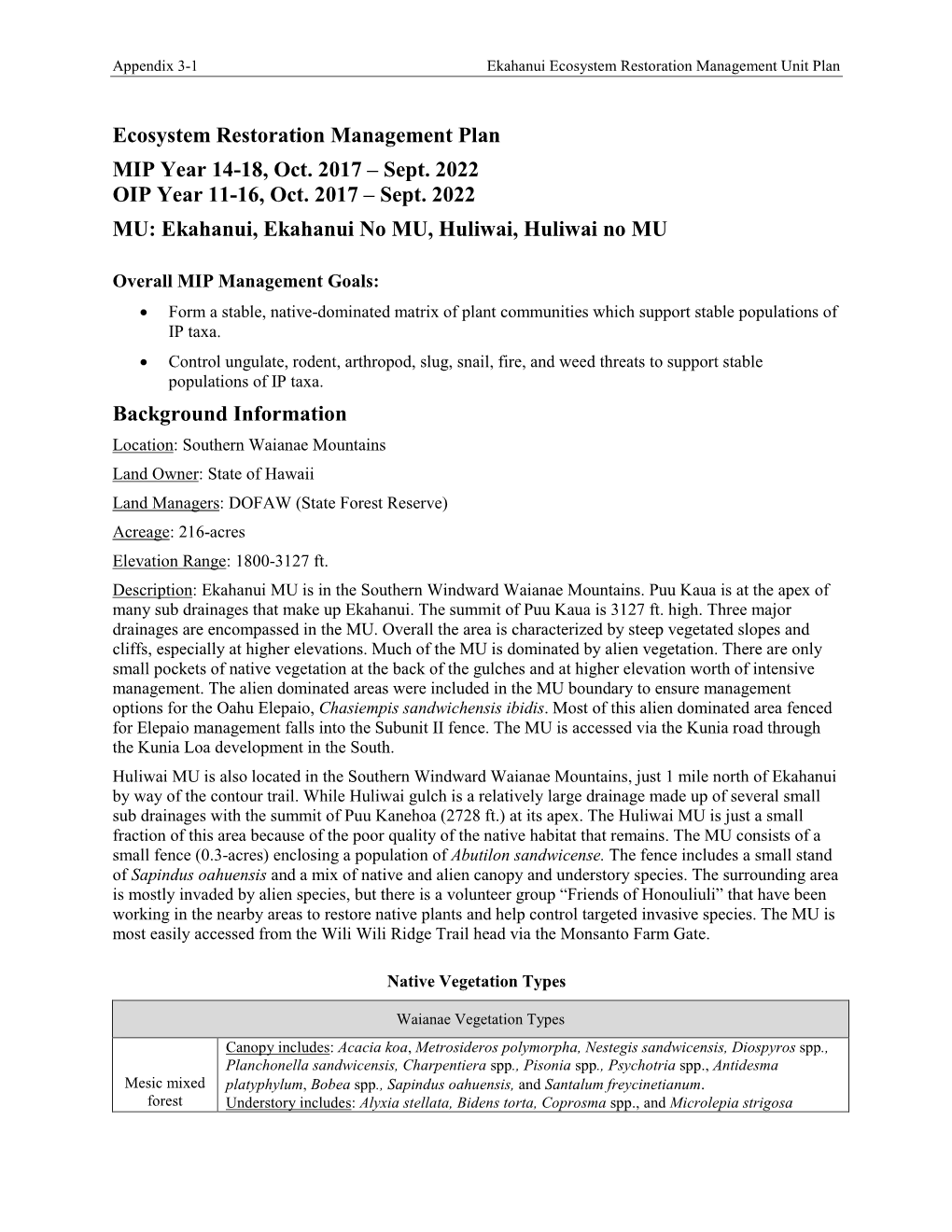 Ecosystem Restoration Management Unit Plan