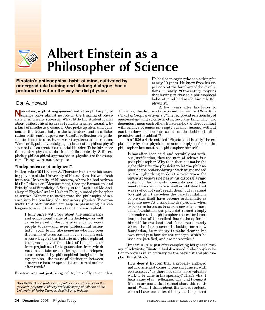Albert Einstein As a Philosopher of Science He Had Been Saying the Same Thing for Einstein’S Philosophical Habit of Mind, Cultivated by Nearly 30 Years