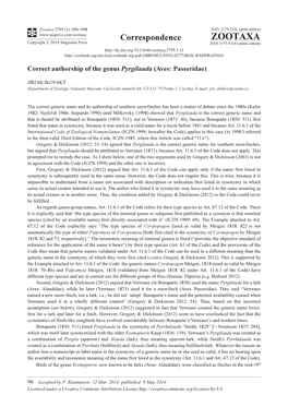 Correct Authorship of the Genus Pyrgilauda (Aves: Passeridae)