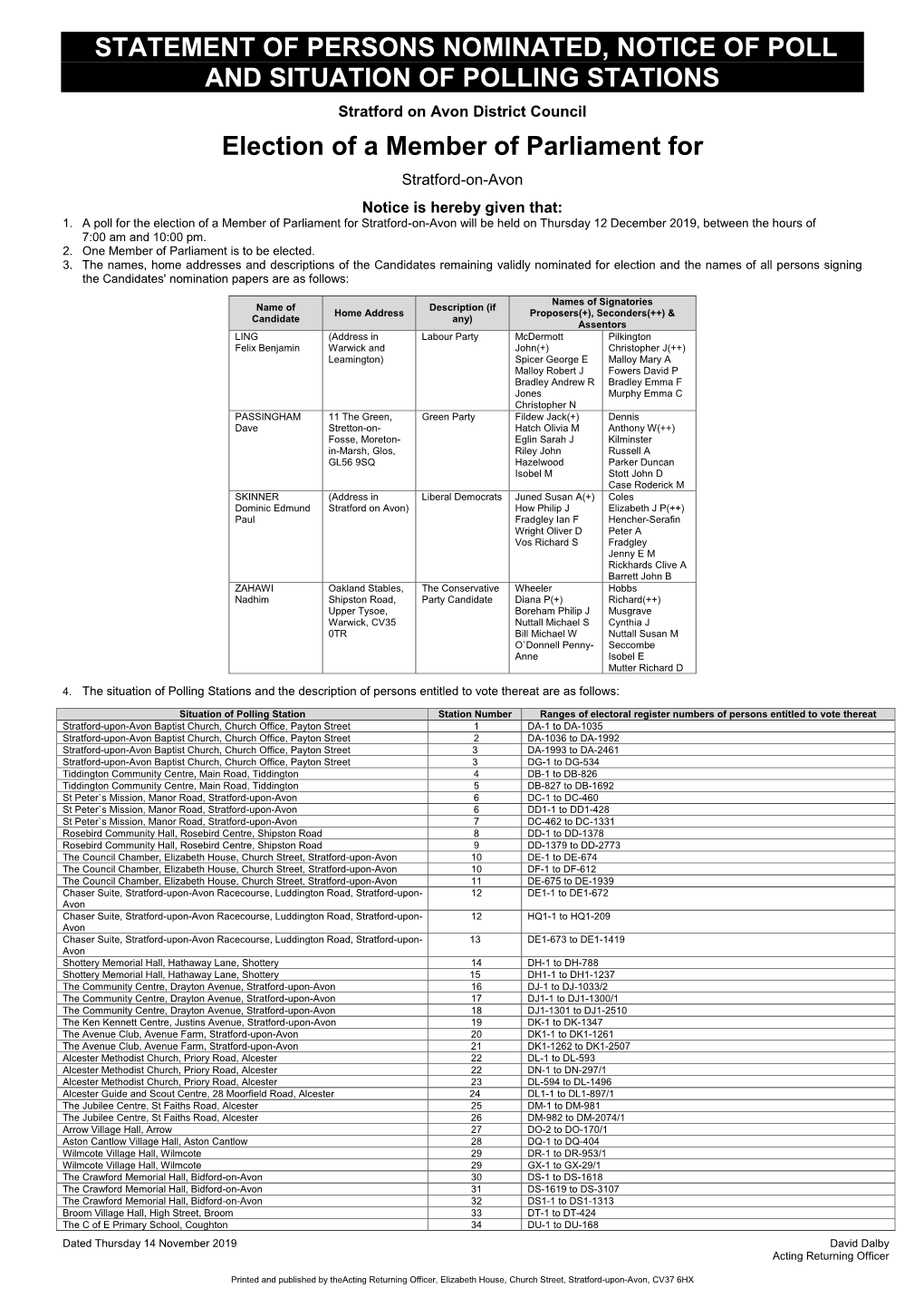 Statement of Persons Nominated, Notice of Poll and Situation of Polling Stations