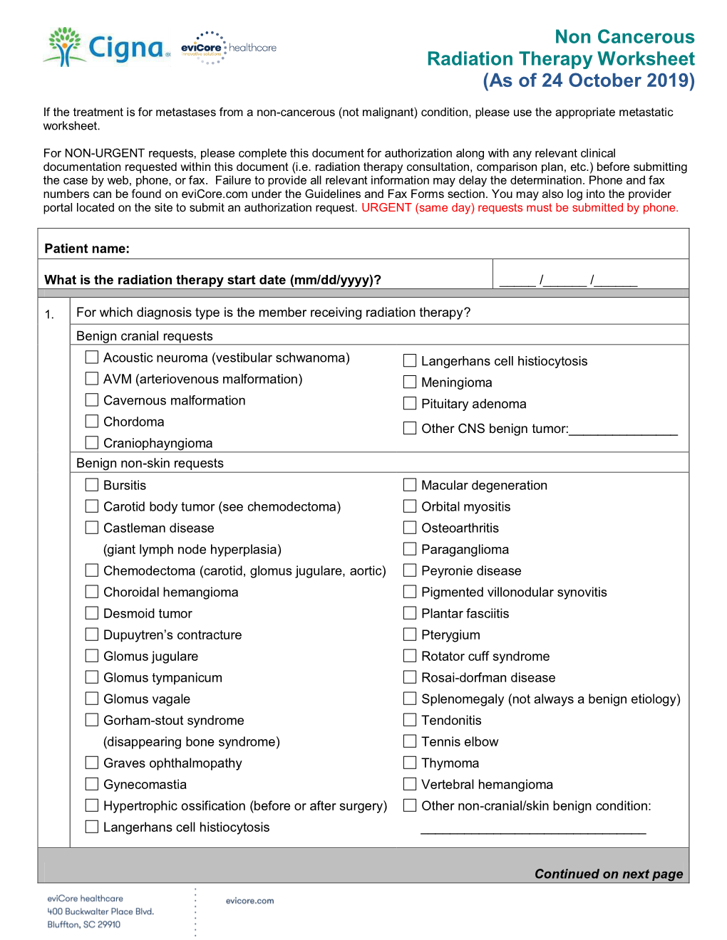 Non Cancerous Radiation Therapy Worksheet (As of 24 October 2019)