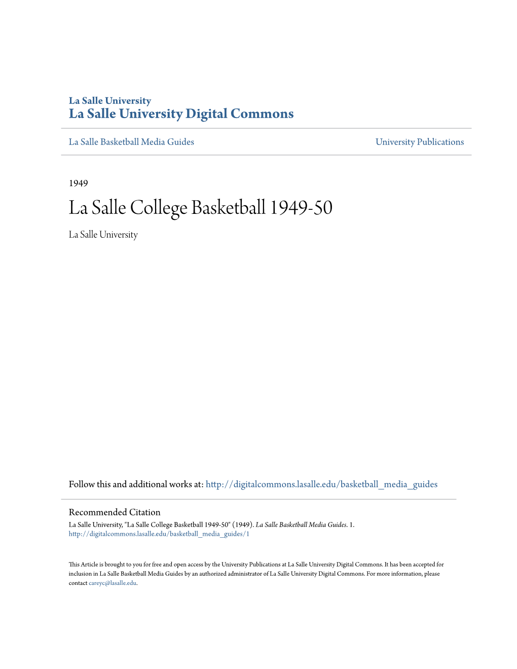 La Salle College Basketball 1949-50 La Salle University