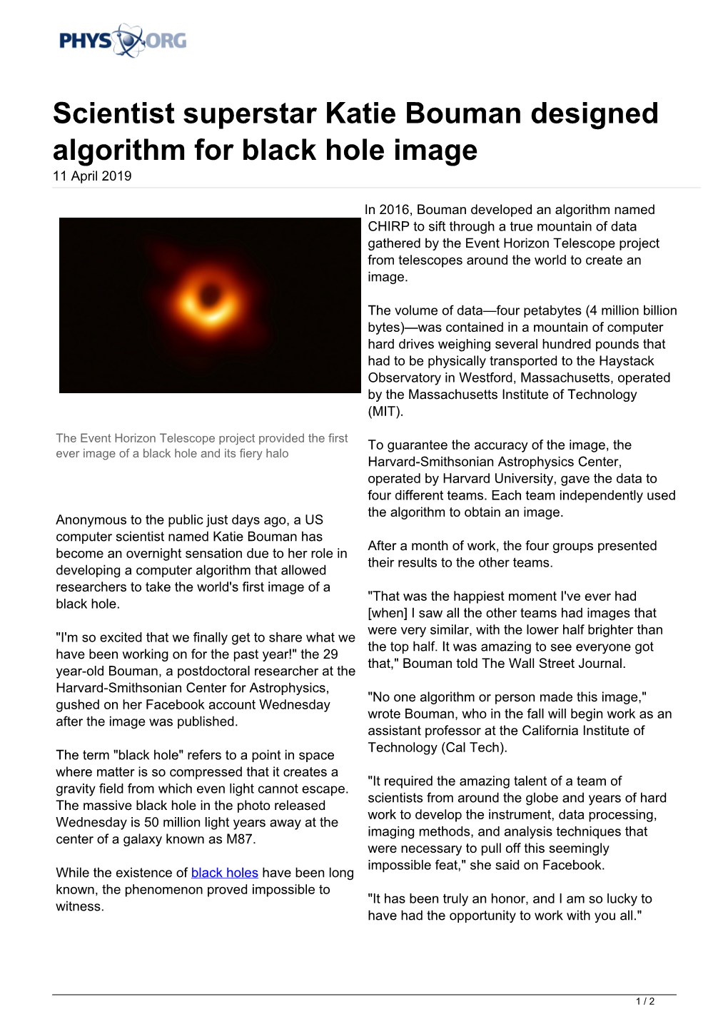 Scientist Superstar Katie Bouman Designed Algorithm for Black Hole Image 11 April 2019