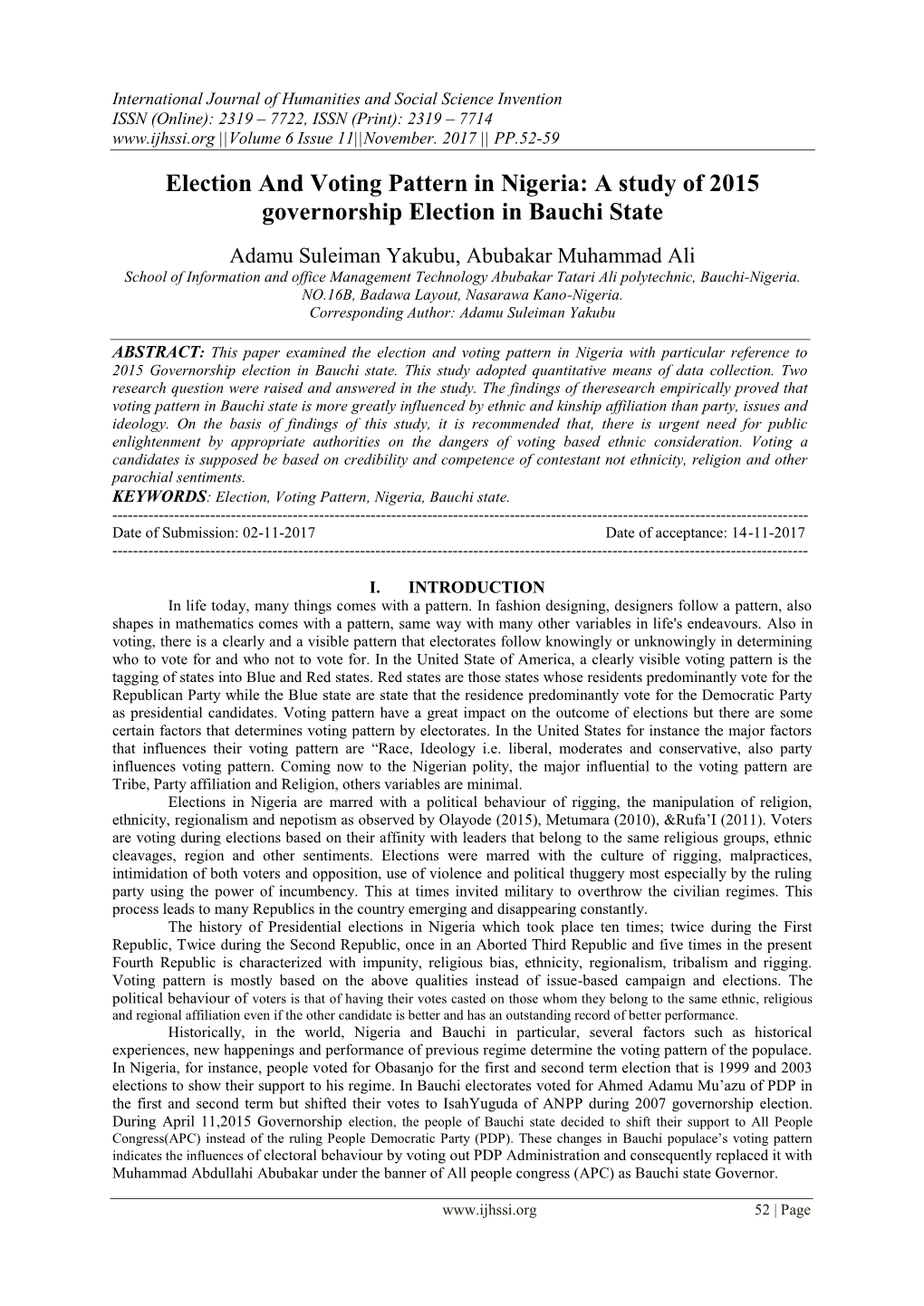 Election and Voting Pattern in Nigeria: a Study of 2015 Governorship Election in Bauchi State