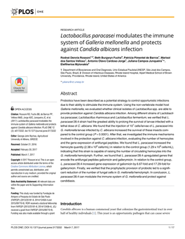 Lactobacillus Paracasei Modulates the Immune System of Galleria Mellonella and Protects Against Candida Albicans Infection