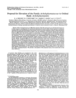 Proposal for Elevation of the Family Acholeplasmataceae to Ordinal Rank : a C H O 1Ep Lasma Ta 1Es E