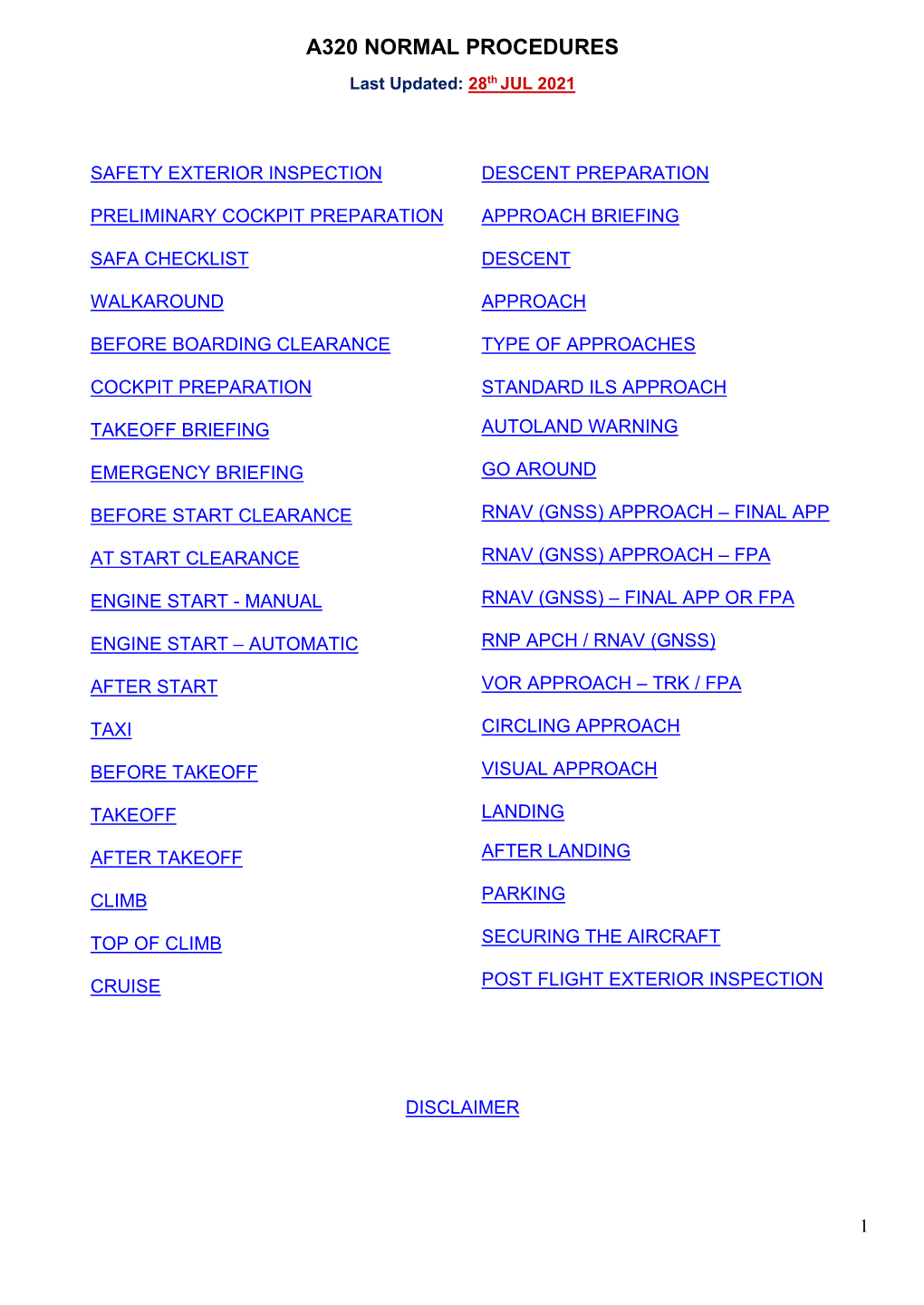 A320 NORMAL PROCEDURES Last Updated: 28Th JUL 2021