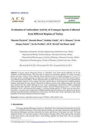 Evaluation of Antioxidant Activity of Crataegus Species Collected from Different Regions of Turkey
