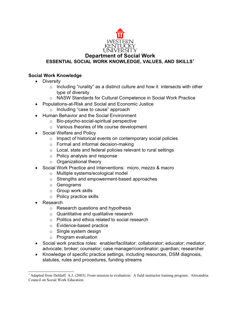 Essential Social Work Knowledge, Values, and Skills 1