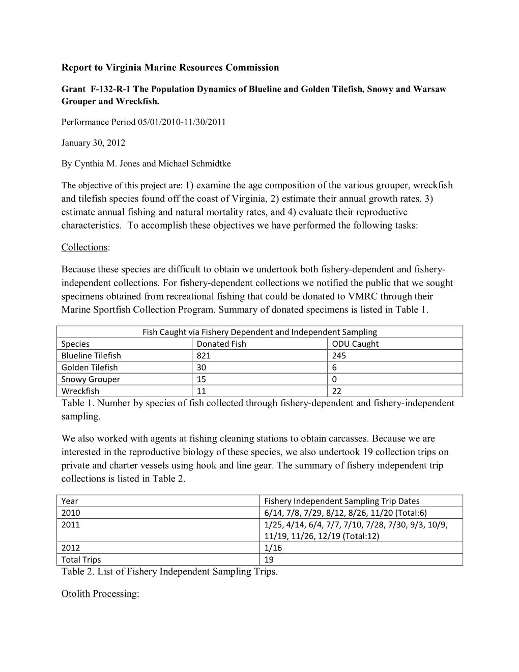 F-132-R-1 the Population Dynamics of Blueline and Golden Tilefish, Snowy and Warsaw Grouper and Wreckfish