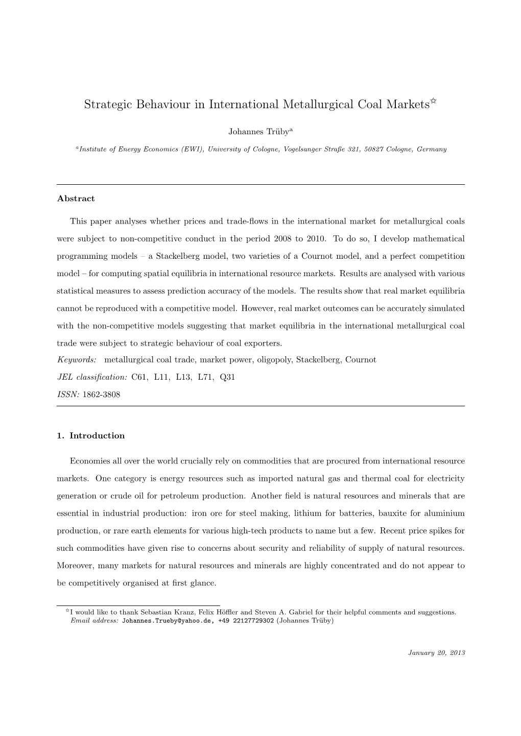 Strategic Behaviour in International Metallurgical Coal Markets$