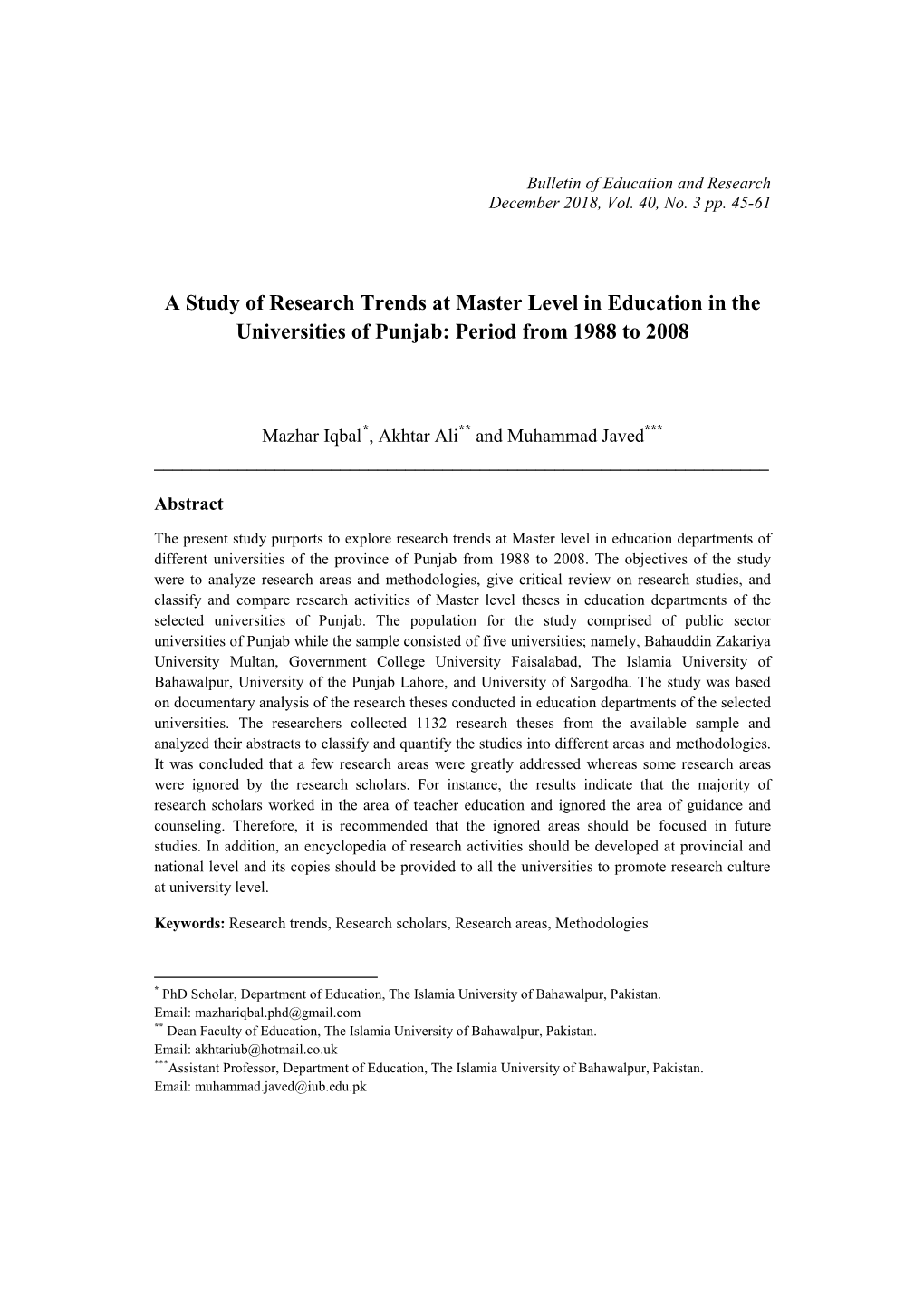 A Study of Research Trends at Master Level in Education in the Universities of Punjab: Period from 1988 to 2008