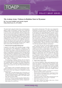 The Arakan Army: Violence in Rakhine State in Myanmar by Nakanishi Yoshihiro and Antonio Angotti Policy Brief Series No