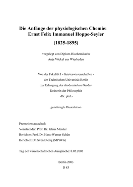 Die Anfänge Der Physiologischen Chemie: Ernst Felix Immanuel Hoppe-Seyler (1825-1895)