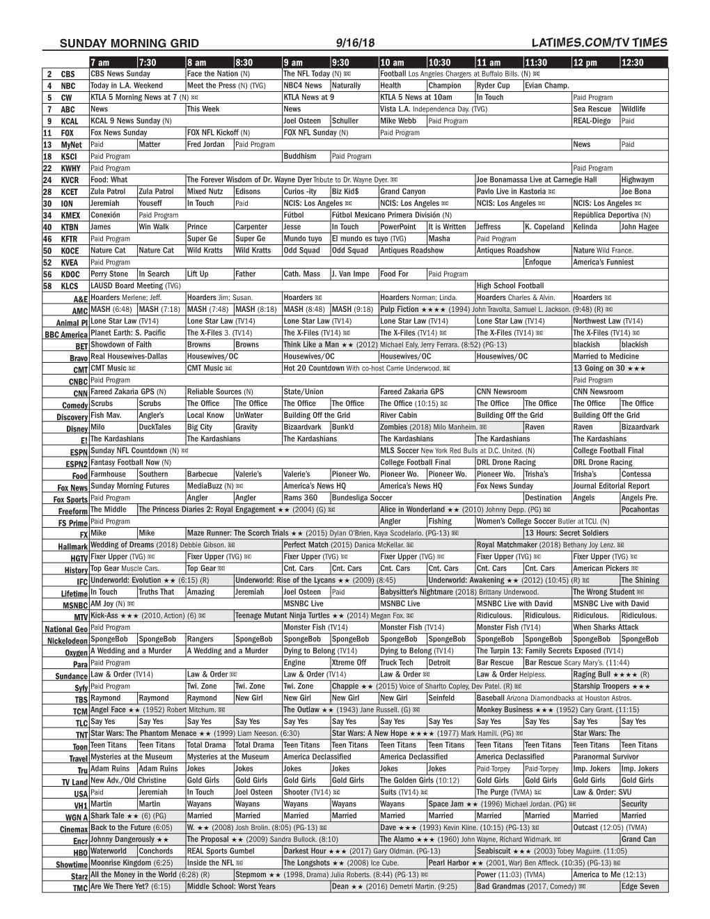 Sunday Morning Grid 9/16/18 Latimes.Com/Tv Times