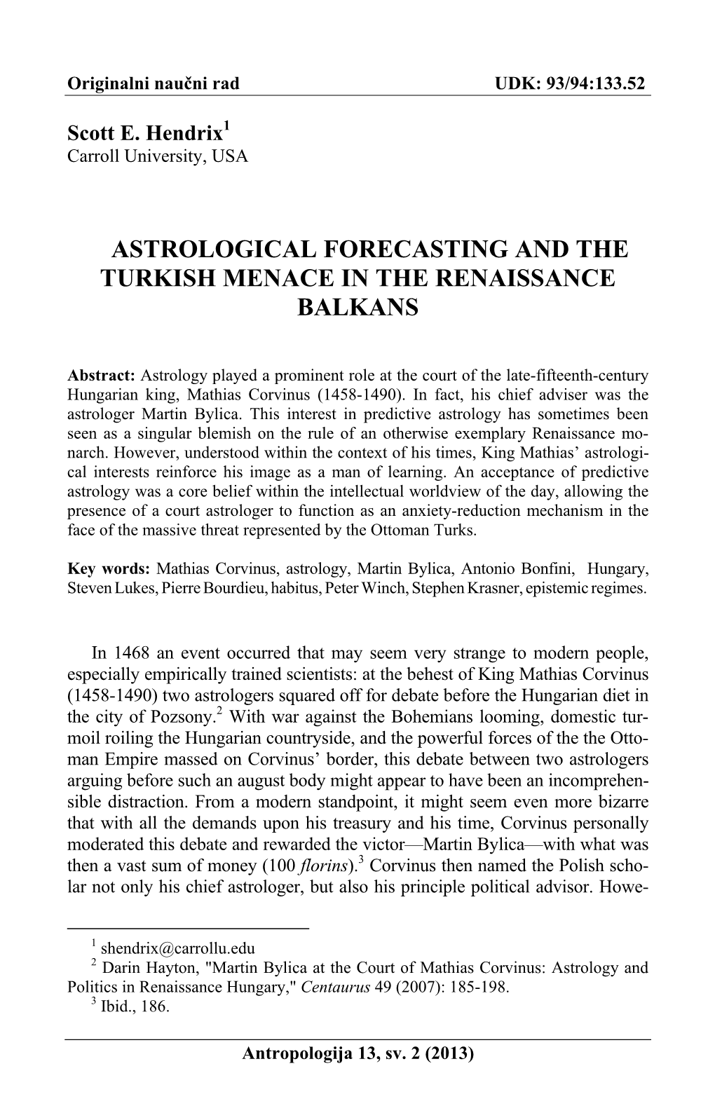 Astrological Forecasting and the Turkish Menace in the Renaissance Balkans