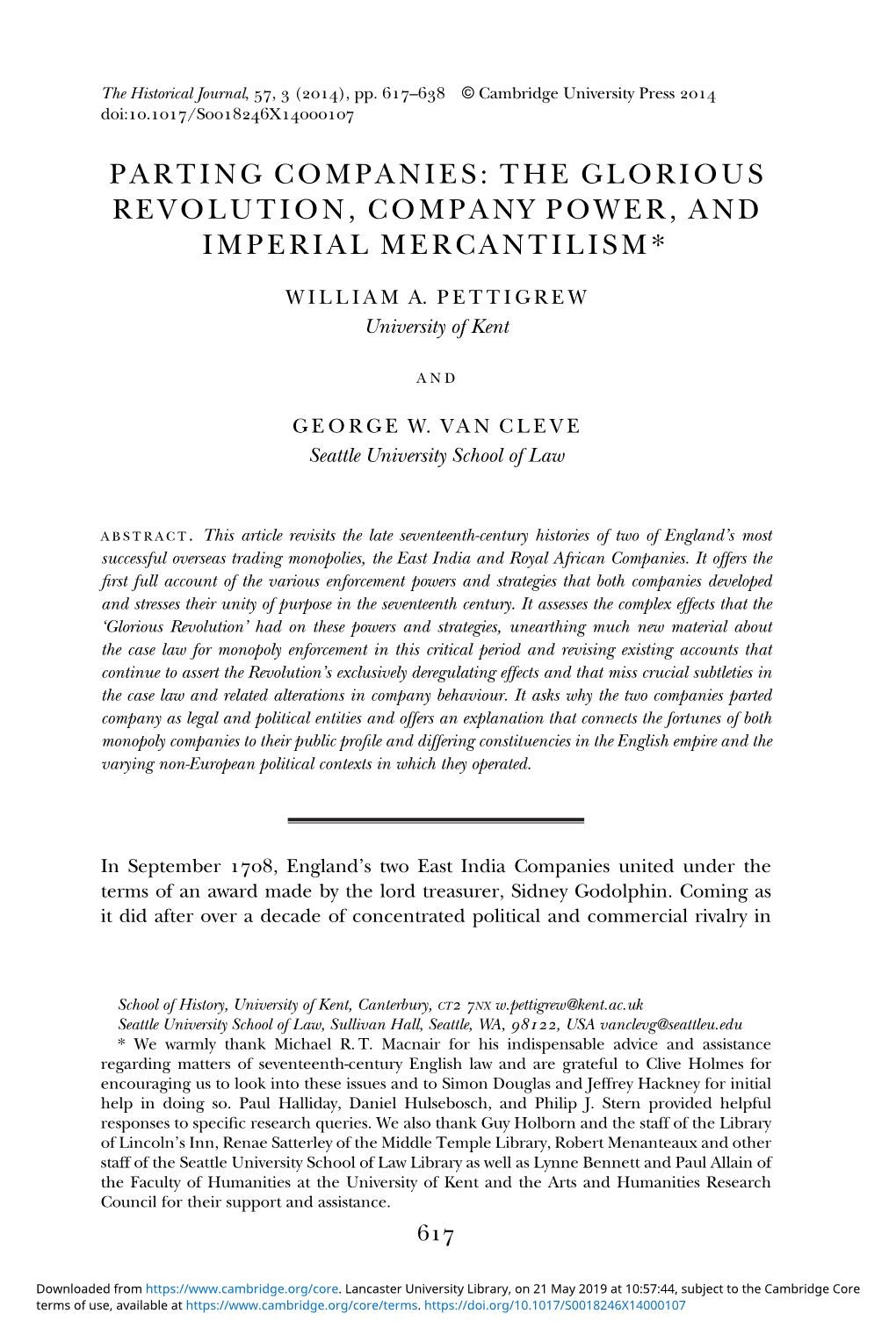 Parting Companies: the Glorious Revolution, Company Power, and Imperial Mercantilism*