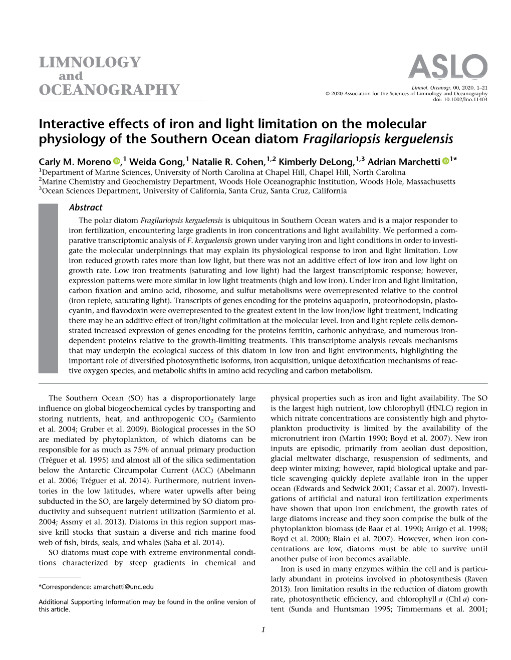 Interactive Effects of Iron and Light Limitation on the Molecular Physiology of the Southern Ocean Diatom Fragilariopsis Kerguelensis