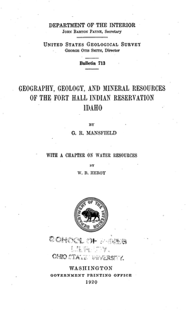 Geography, Geology, and Mineral Resources of the Fort Hall Indian Reservation Idaho