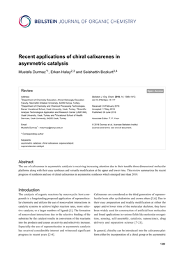 Recent Applications of Chiral Calixarenes in Asymmetric Catalysis