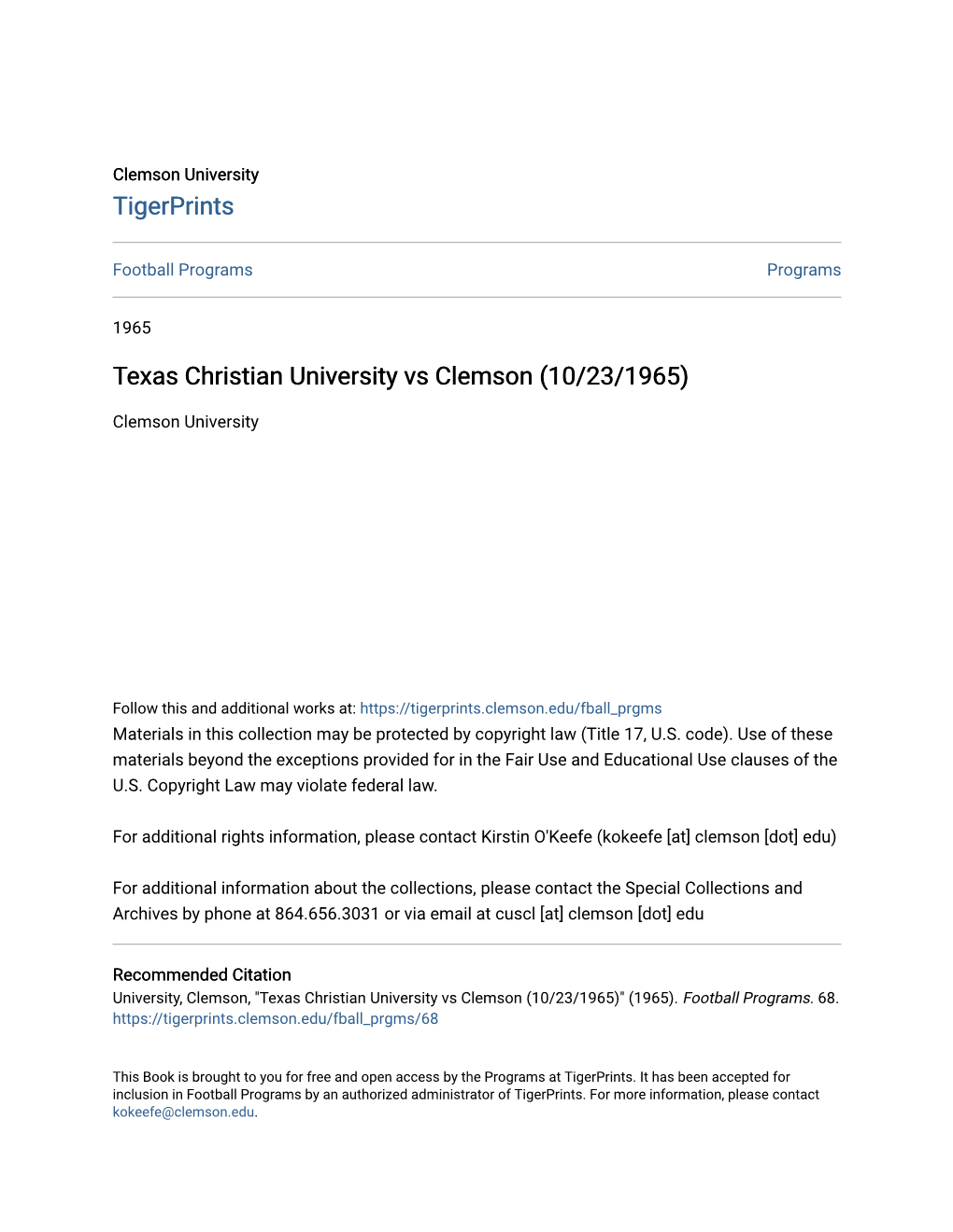Texas Christian University Vs Clemson (10/23/1965)