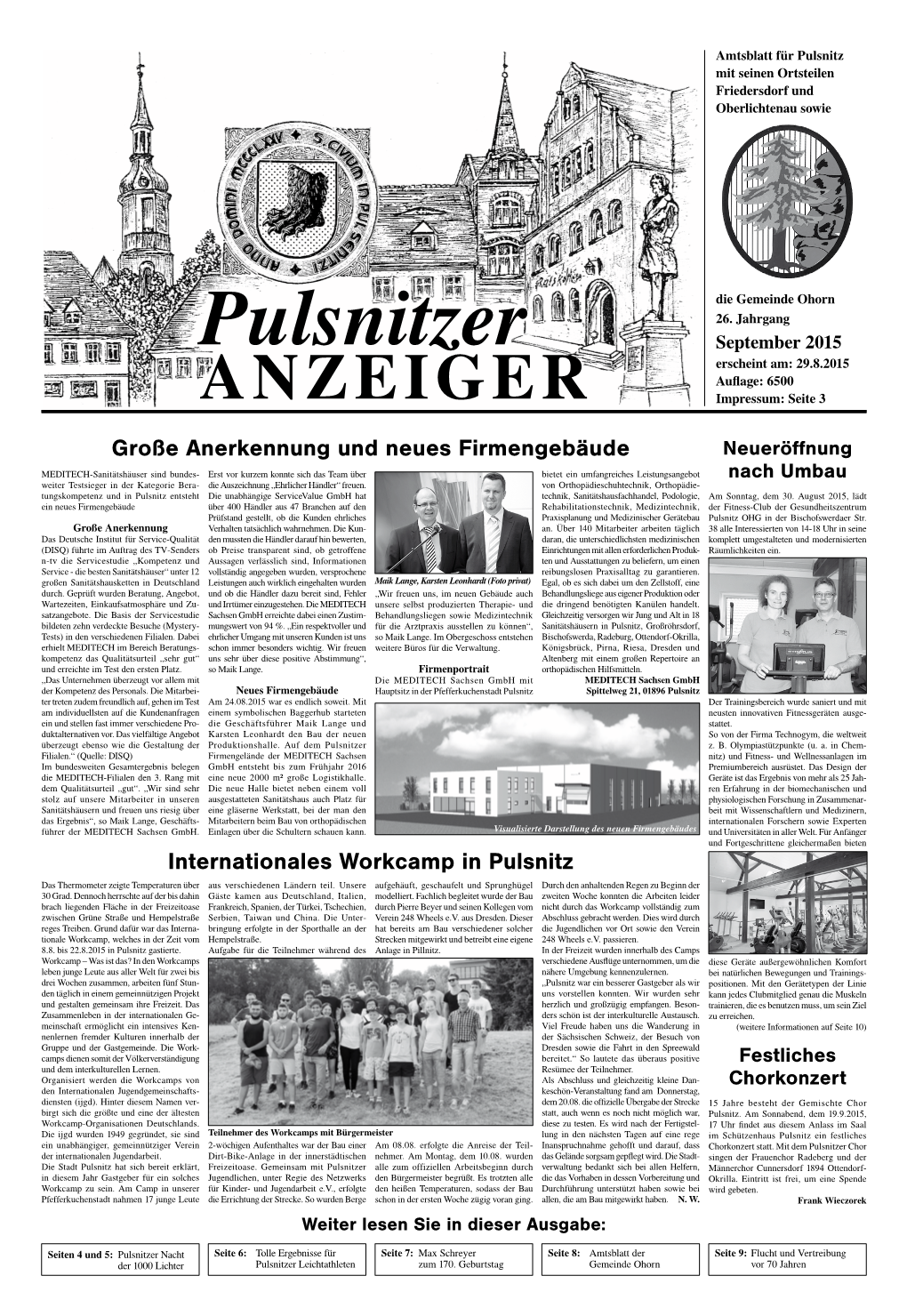 Pulsnitzer September 2015 Erscheint Am: 29.8.2015 Auflage: 6500 Anzeiger Impressum: Seite 3