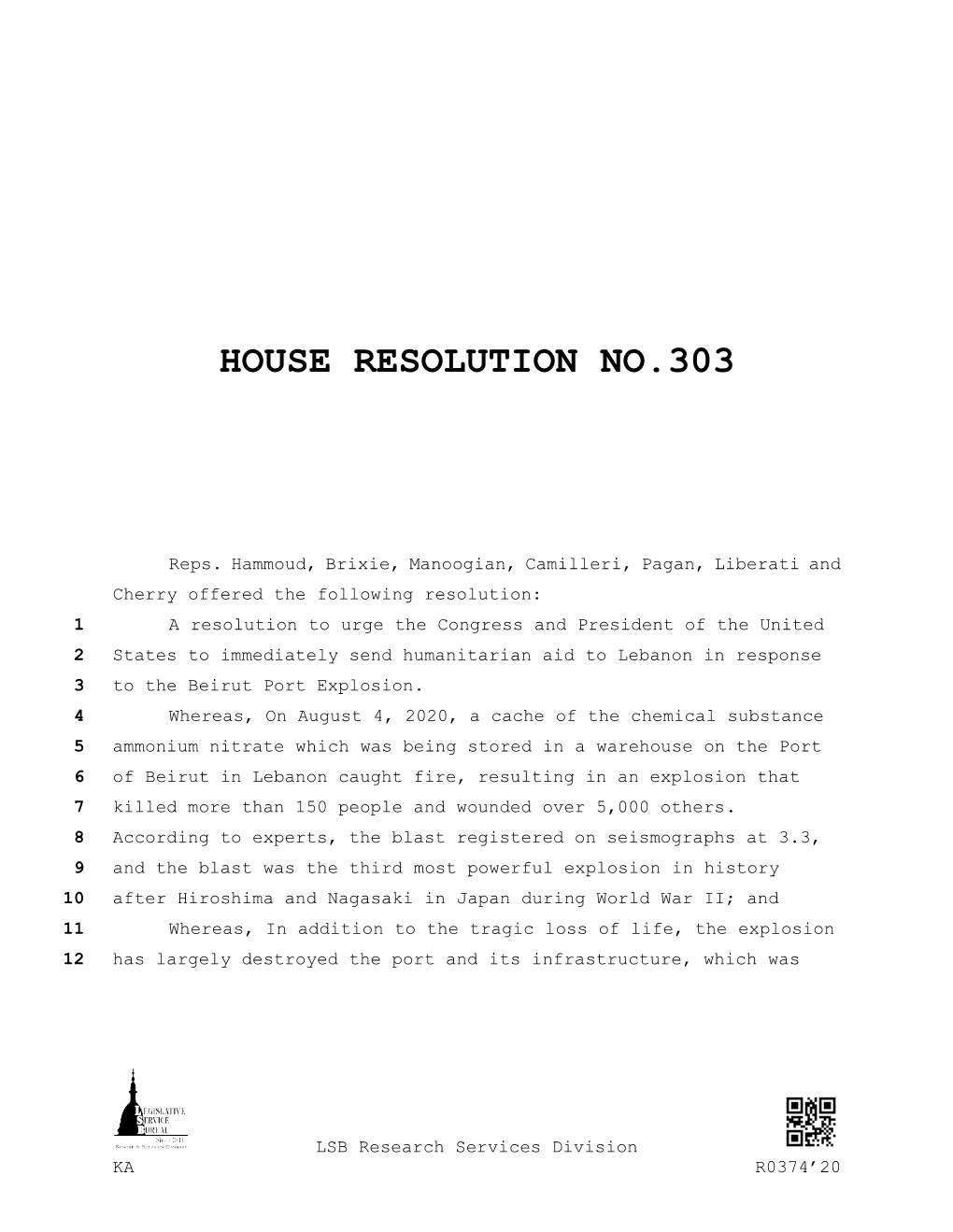 House Resolution No.303