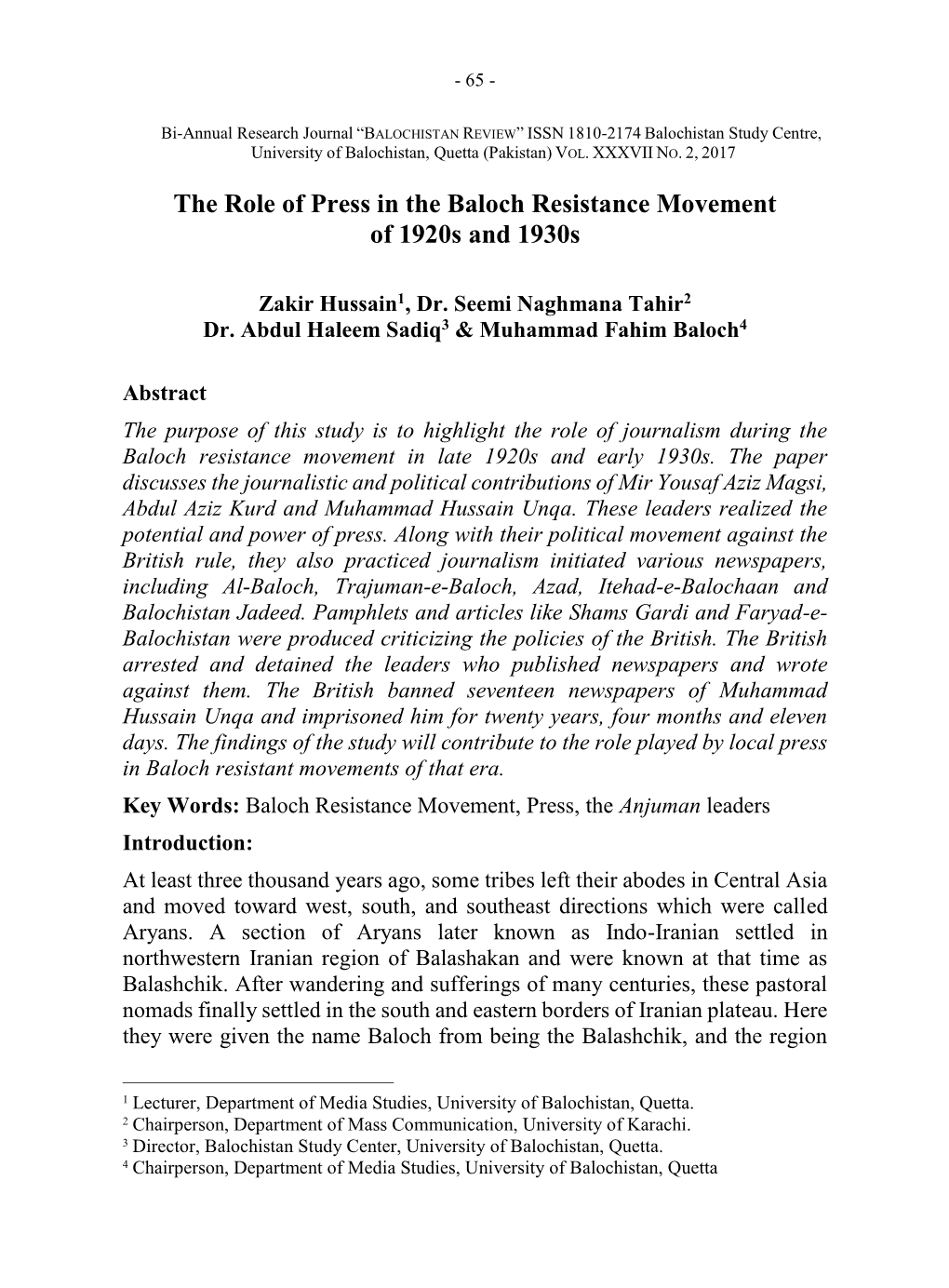 The Role of Press in the Baloch Resistance Movement of 1920S and 1930S