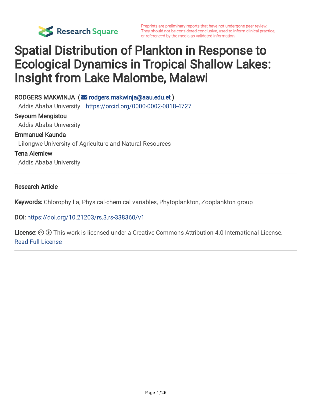 Spatial Distribution of Plankton in Response to Ecological Dynamics in Tropical Shallow Lakes: Insight from Lake Malombe, Malawi