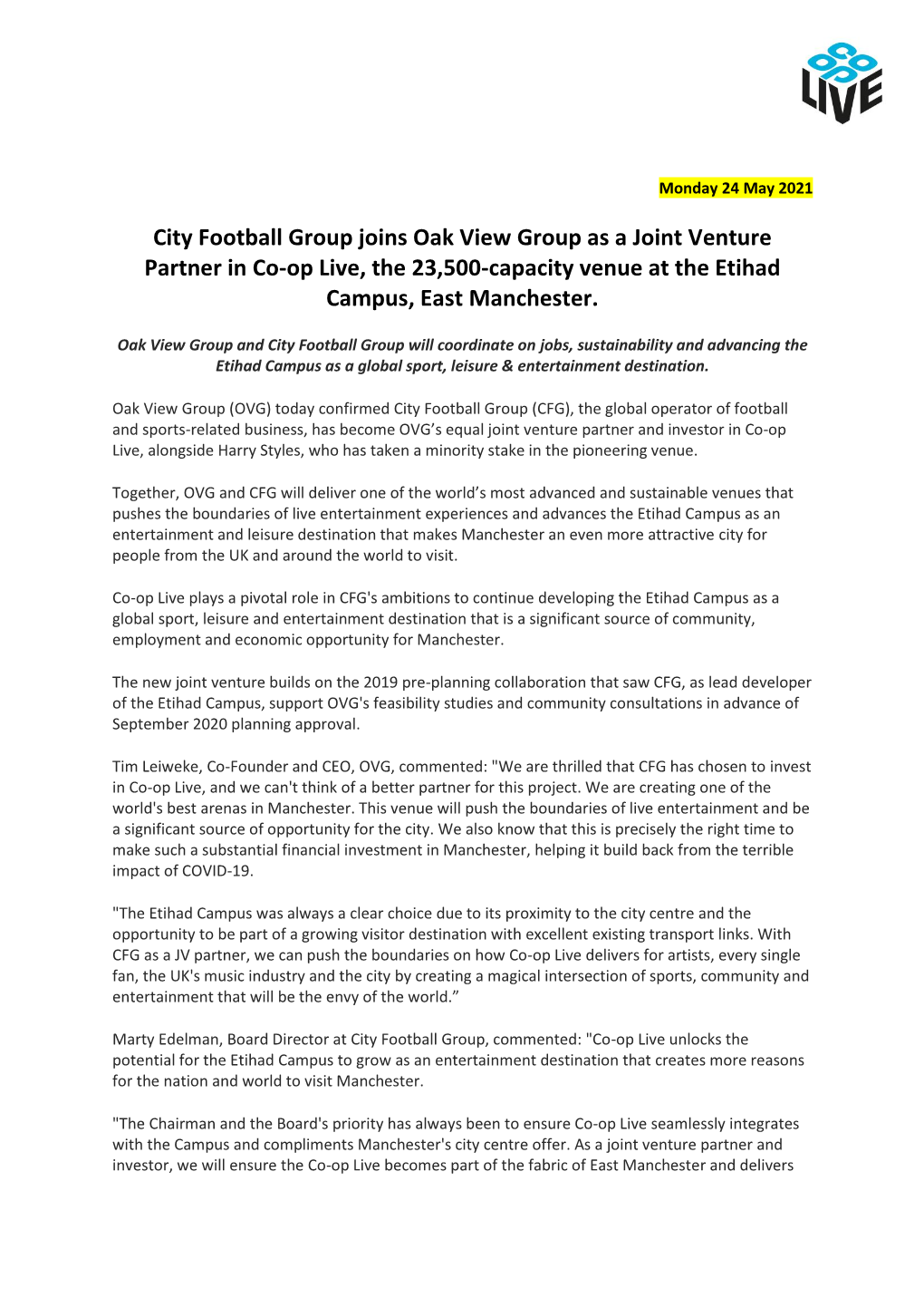 City Football Group Joins Oak View Group As a Joint Venture Partner in Co-Op Live, the 23,500-Capacity Venue at the Etihad Campus, East Manchester