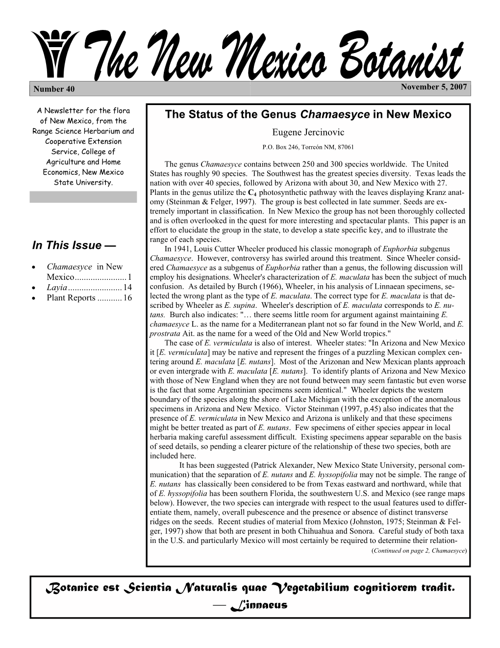 The Status of the Genus Chamaesyce in New Mexico