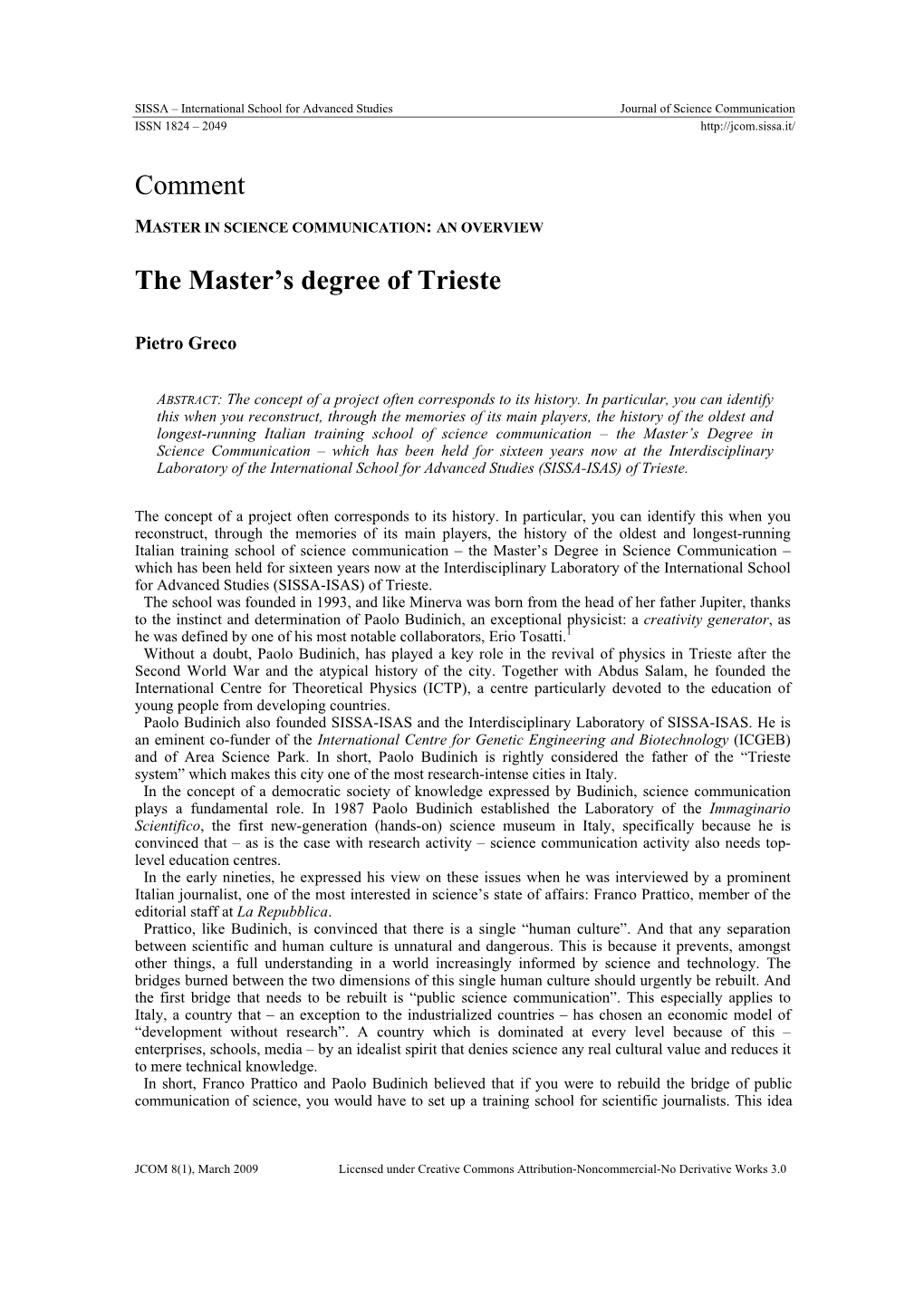 Comment the Master's Degree of Trieste