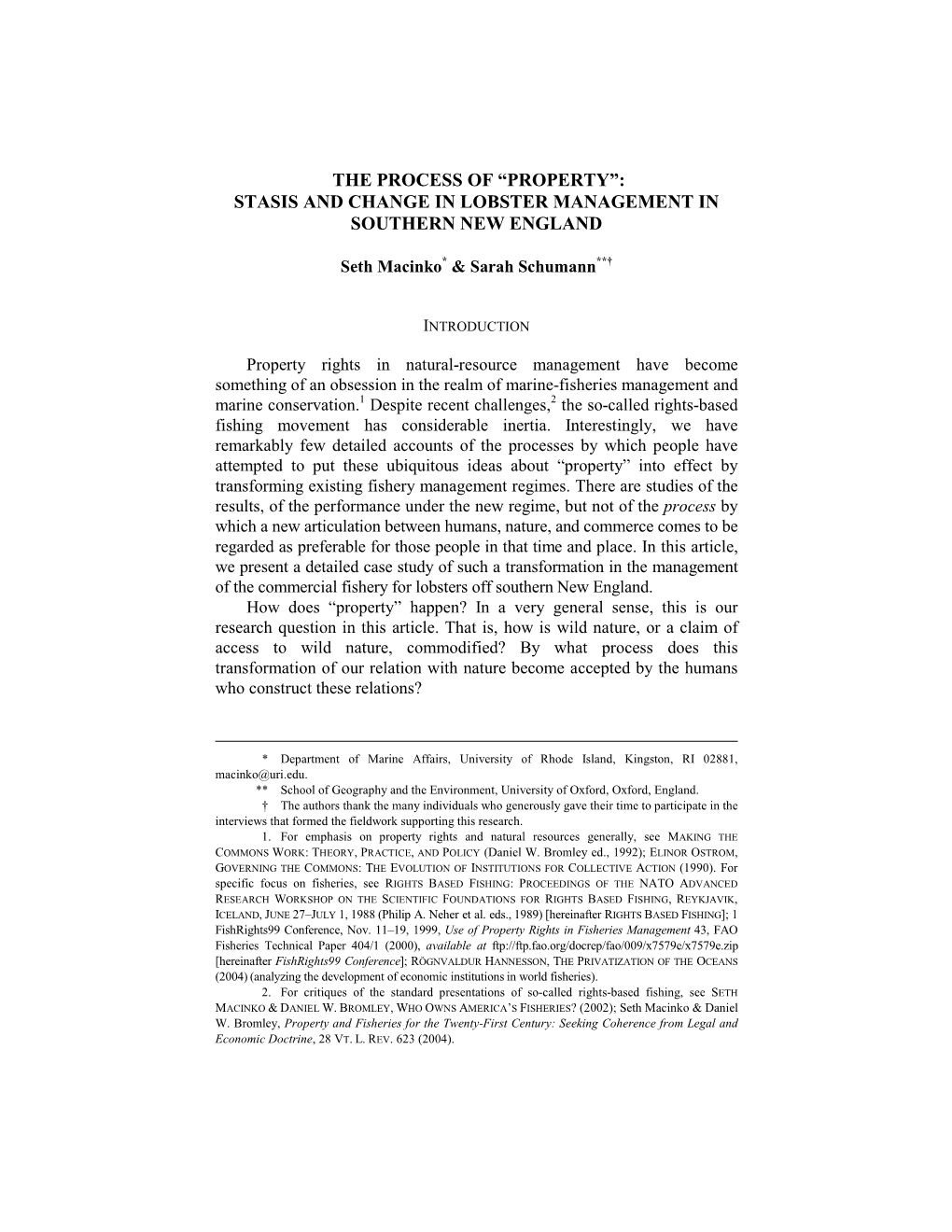 The Process of “Property”: Stasis and Change in Lobster Management in Southern New England