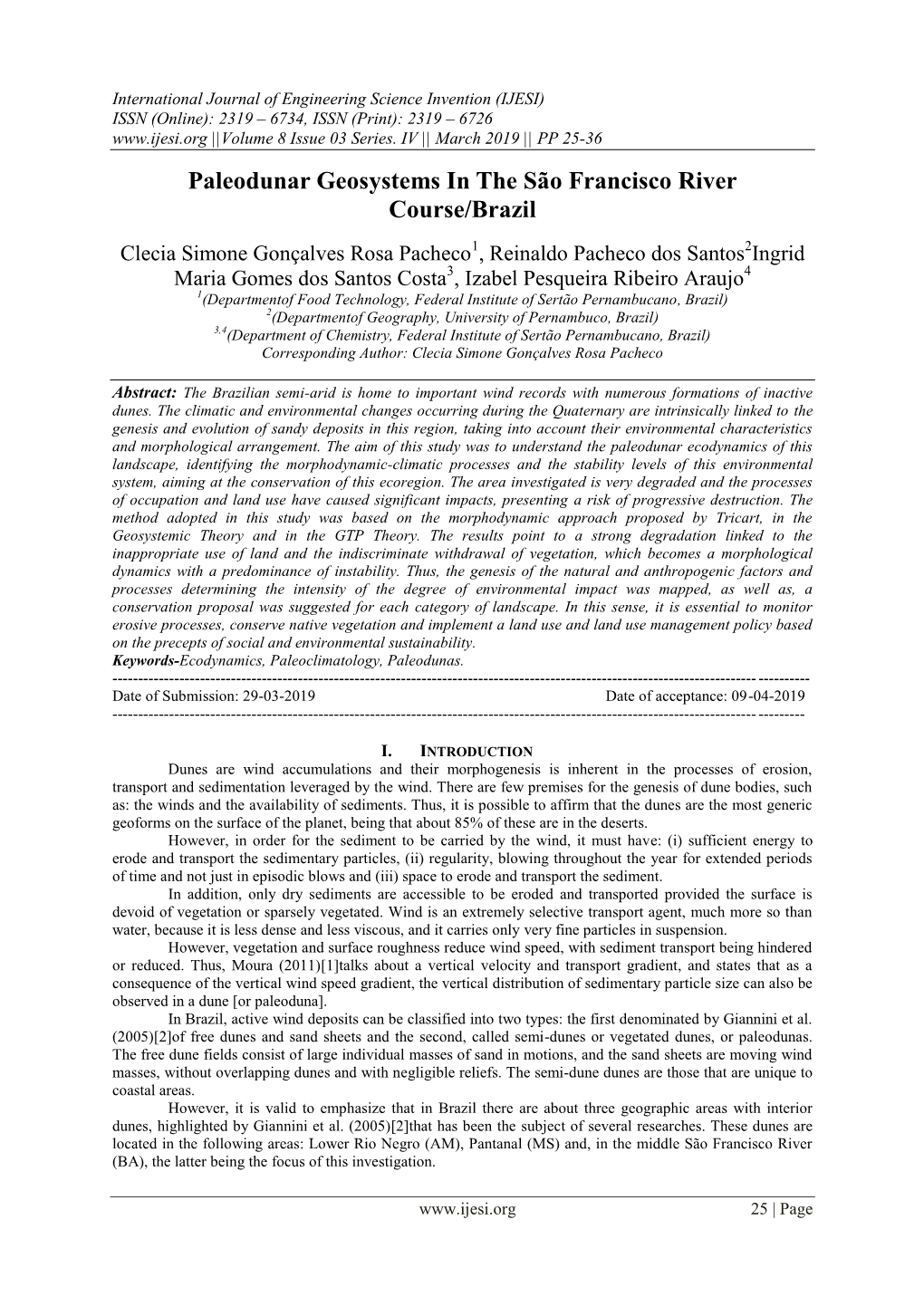 Paleodunar Geosystems in the São Francisco River Course/Brazil