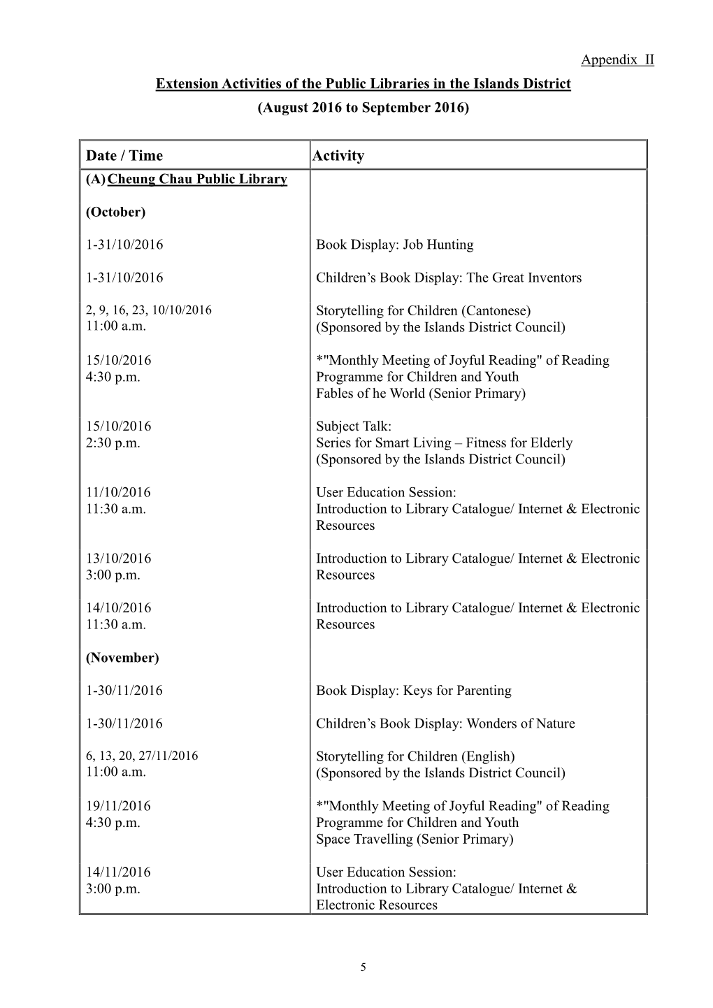 Date / Time Activity (A) Cheung Chau Public Library