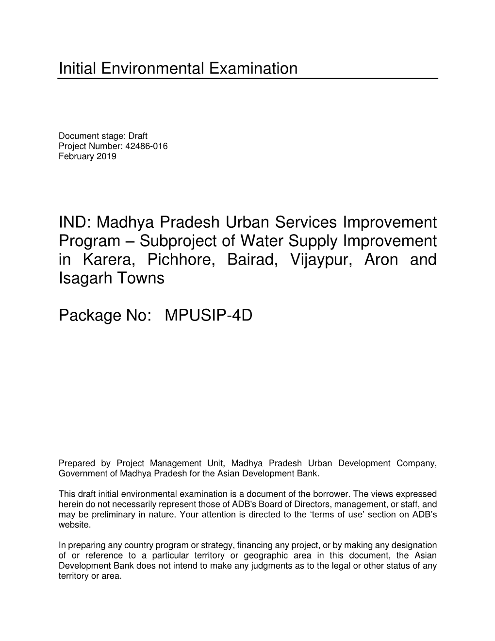 Madhya Pradesh Urban Services Improvement Program – Subproject of Water Supply Improvement in Karera, Pichhore, Bairad, Vijaypur, Aron and Isagarh Towns