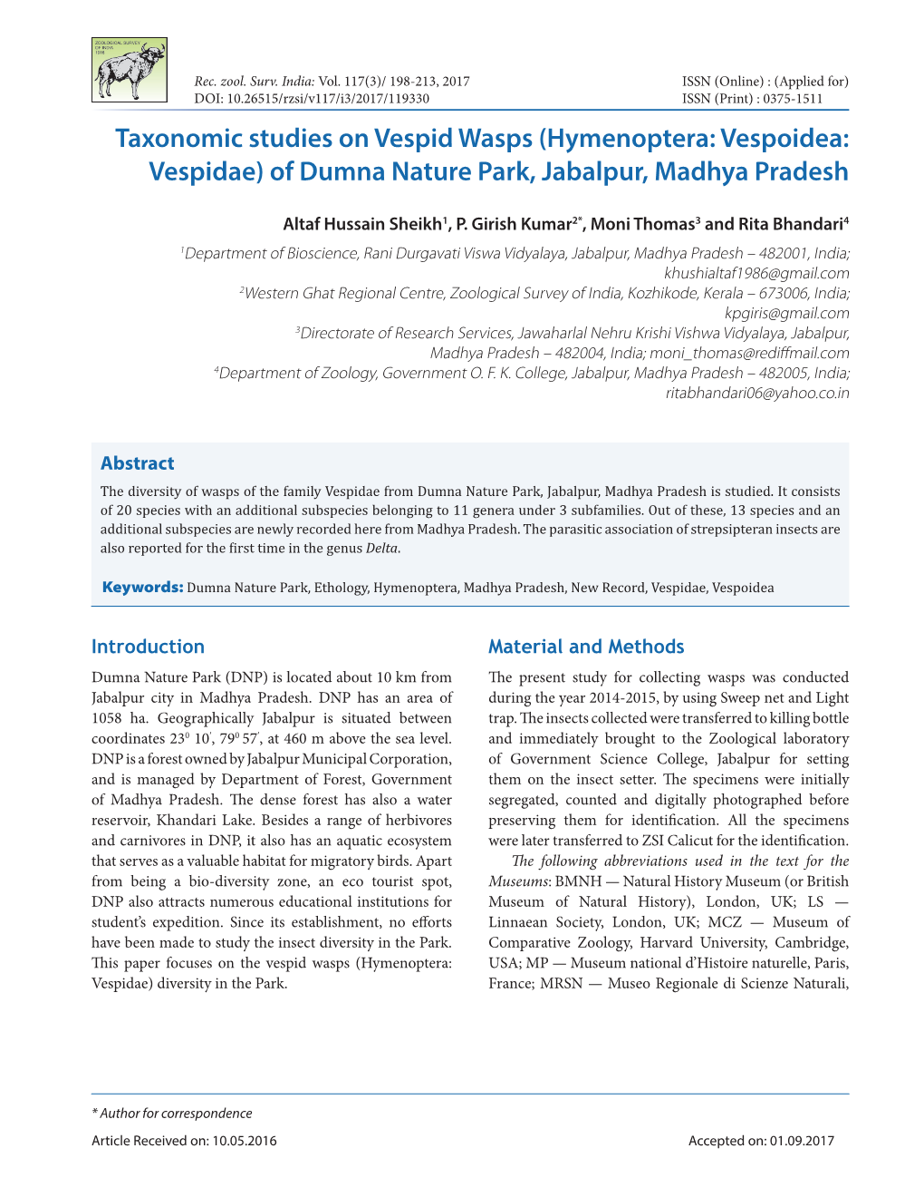 Taxonomic Studies on Vespid Wasps (Hymenoptera: Vespoidea: Vespidae) of Dumna Nature Park, Jabalpur, Madhya Pradesh