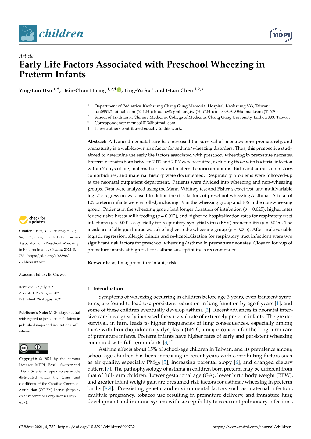 Early Life Factors Associated with Preschool Wheezing in Preterm Infants