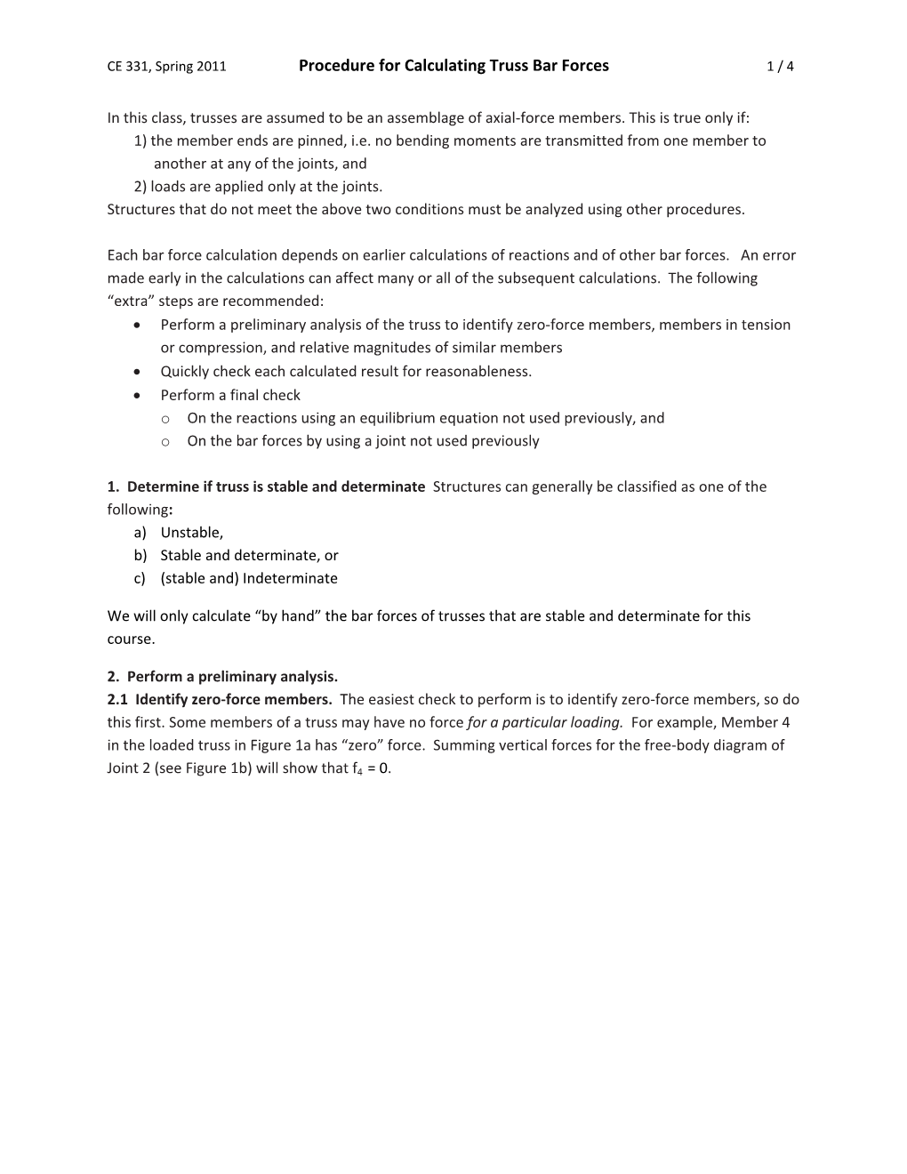 Procedure for Calculating Truss Bar Forces 1 / 4