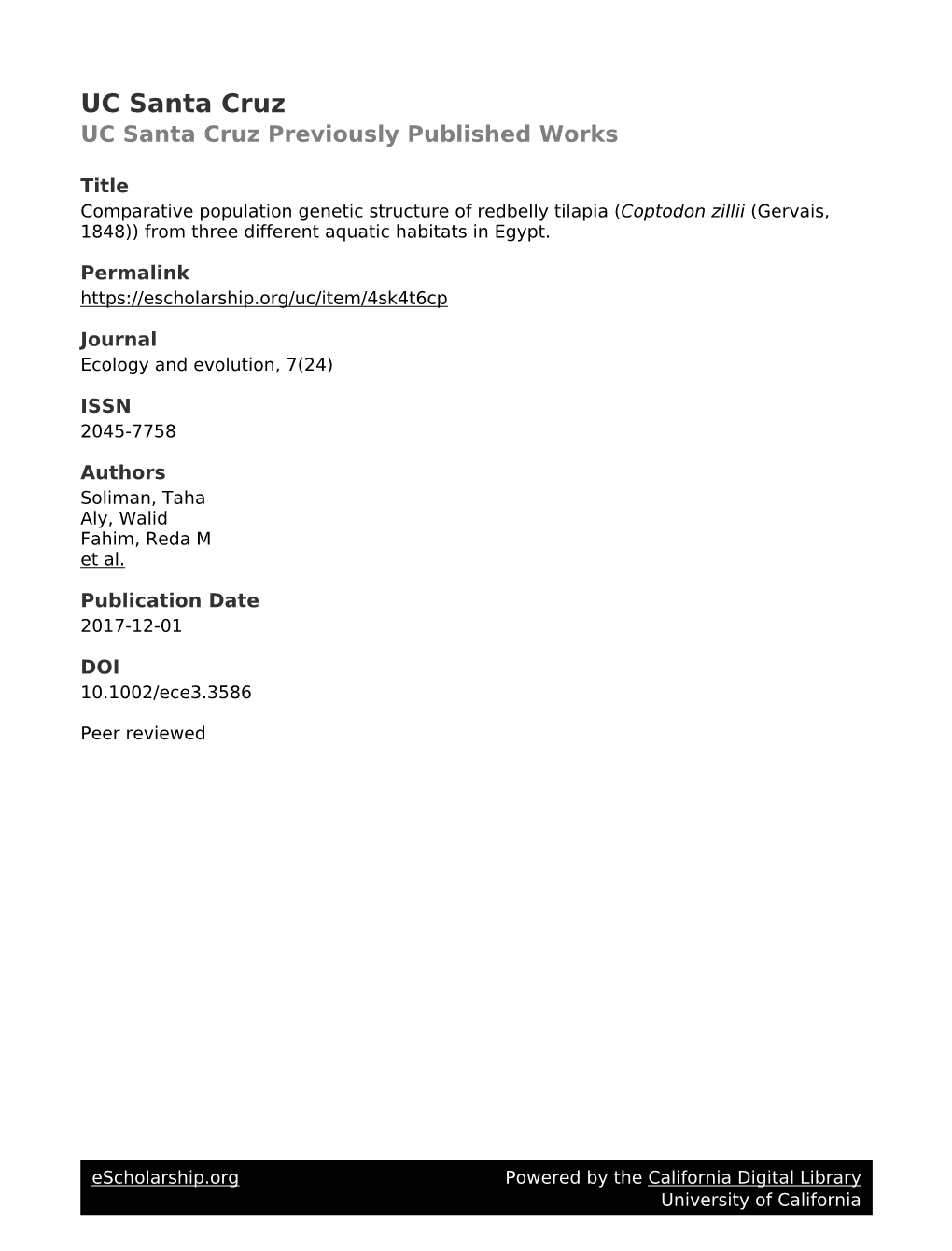 Comparative Population Genetic Structure of Redbelly Tilapia (Coptodon Zillii (Gervais, 1848)) from Three Different Aquatic Habitats in Egypt